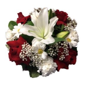 Center Piece with red roses, white Lilies and daisies