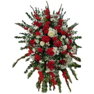 Sympathy special arrangement with red roses and white flowers