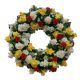 Sympathy circle flowers arrangement with white, yellow roses, red carnations and green plants