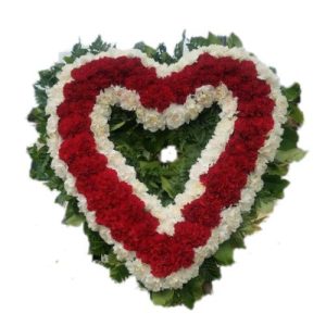 Sympathy white and red heart flowers arrangement