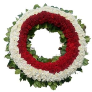 Sympathy Flowers arrangement in circle from in white and red carnations