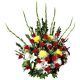 Special arrangement with pompon yellow and white and red roses and green plants