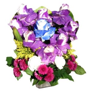 Purple roses heart with a blue rose and another flowers in a base
