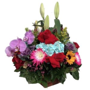 Vase floral bouquet with Roses,Orchid,Spiders,Sunflowers, Jamarillos,Lily