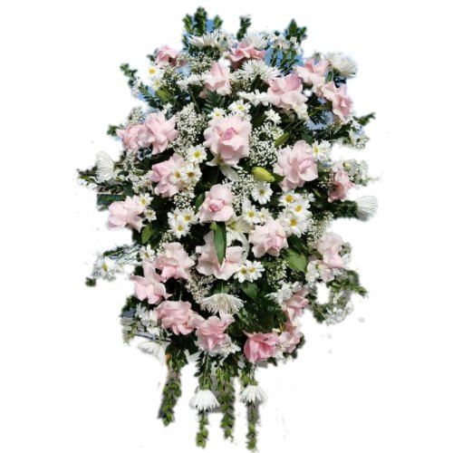 Sympathy Flowers arrangement with pink roses and white flowers surrounded by green plants