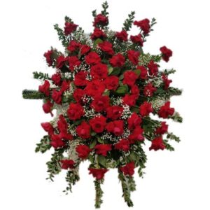 Sympathy arrangement with red roses, and white and green plants