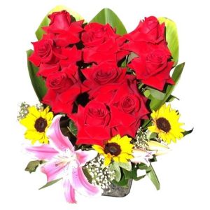red roses heart with sunflowers and Lilies in a base