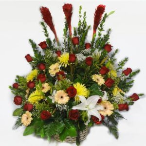 Basket flowers bouquet with 24 Roses, 3 Gingers, 4 White Lilies, 5 Yellow Spyder, 7 Gerberas, Baby Breath