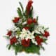 Bouquet in a basket with 8 Roses, 2 Gingers , 3 Spiders, 3 Pompon, Baby Breath, Lemon Leaves