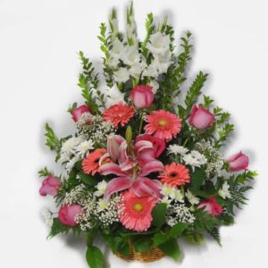 Bouquet in a basket with 8 Roses, 3 Gladiolus, 5 Gerberas, 4 Pompon, , Baby Breath, Lemon Leaves.