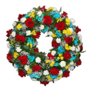 Sympathy Circular arrangement with 24 Roses, 24 White Carnations, 24 Daisies. $120.00 each, when you purchase over 5 units.