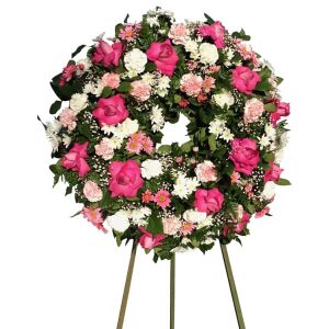 Sympathy circle flowers arrangement with 13 Roses, 24 Carnations, 24Daisies, baby Bread, Lemon Leaves, Leather