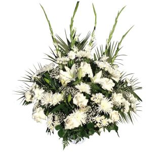 Flowers in a basket 5 Gladioli, 6 White Spiders, 12 White Roses, 3 Lilies, 12 White Cushion, Comedor, Lemon Leaves, Leather, Baby Bread