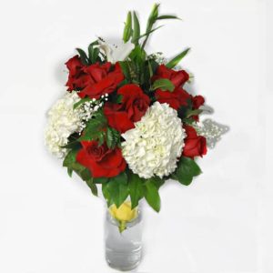 Bouquet in a vessel with 12 Roses, 4 Flowers, 1 Lily.