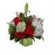 Vase Bouquet with 12 Roses, 4 Hydrangeas, 3 Lilies, Solidago, Lemon leaves