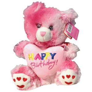 Pink teddy bear with a heart that said Happy Birthday