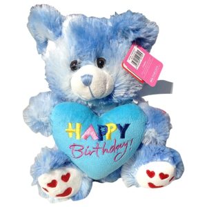 Blue teddy bear with a heart that said Happy Birthday