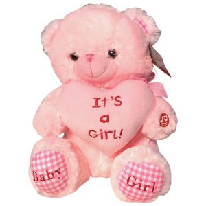 Pink teddy bear with the word it's a girl