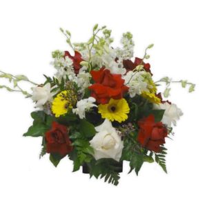 Vase Bouquet with 15 Roses, 7 Orchids, 5 Gerbera Daisy, 5 Stalks