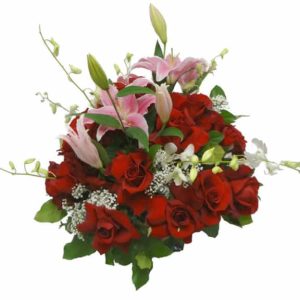 Flowers basket with 25 Roses, 7 Orchids, 3 Lilies