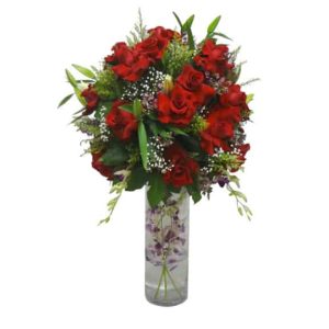 Long vessel bouquet with 30 Roses, 5 Lilies, 7 Orchids