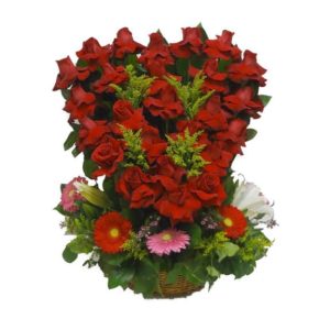 read Heart Basket flowers bouquet with 24 Roses, 5 Gerberas, 3 Lilies