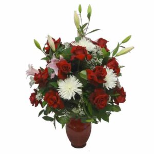 Vessel Bouquet with 18 Roses, 6 Spiders, 5 Lilies