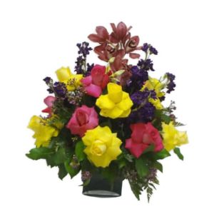 Vase Bouquet with 18 Roses, 1 Orchid, 6 Stalks