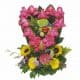 Green frog inside of a pink hearth of roses with 12 Roses, 2 Sunflowers, 3 Gerberas, 1 Orchid, 3 Lilies