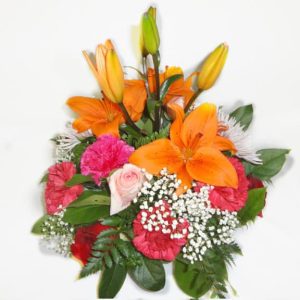 Basquet Bouquet with 6 Roses, 7 carnations, 2 Spiders, Lilies, Baby Breath, Lemon Leaves