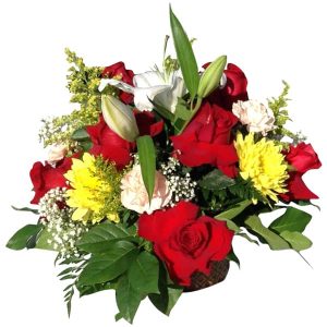 basket of flowers 12 Roses, 4 Chrysanthemums, 3 Carnations, 1 Lily, Lemon leaves, Baby Bread, Solidago