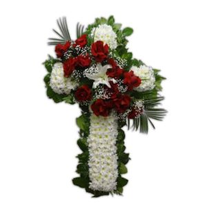 White Sympathy Flowers cross arrangement with 12 Roses 1 Lily 1 Pom Pom