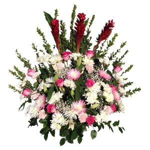 Flowers basket with 3 Ginger, 12 Roses, 10 Spiders, 8 Carnations, 12 Daisies, Lemon leaves, Leathers, Baby Bread