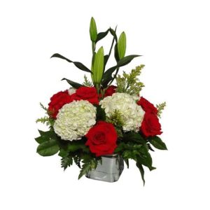 Flowers vessel with 12 Roses, 4 Flowers, 3 Lilies, Solidago, Lemon leaves.