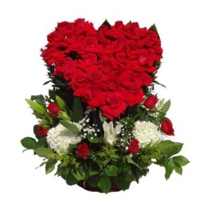 Vase Bouquet with heart red shape with 36 Roses, 3 Lilies, 2 Flowers.