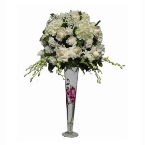 Long vessel bouquet with 10 Orchids, 12 Carnations, 8 Flowers, Baby breads, Lemon leaves