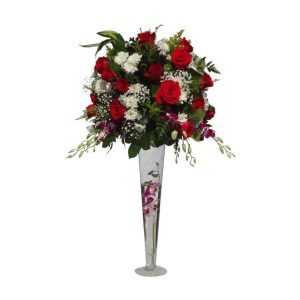 Long vessel bouquet with 8 Orchids, 26 Roses, 12 Daisies, Baby bread, Lemon leaves.
