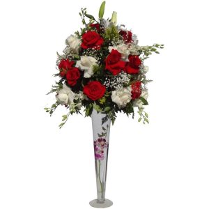 Long vessel bouquet with 30 Roses, 10 Orchids, 3 Lilies.