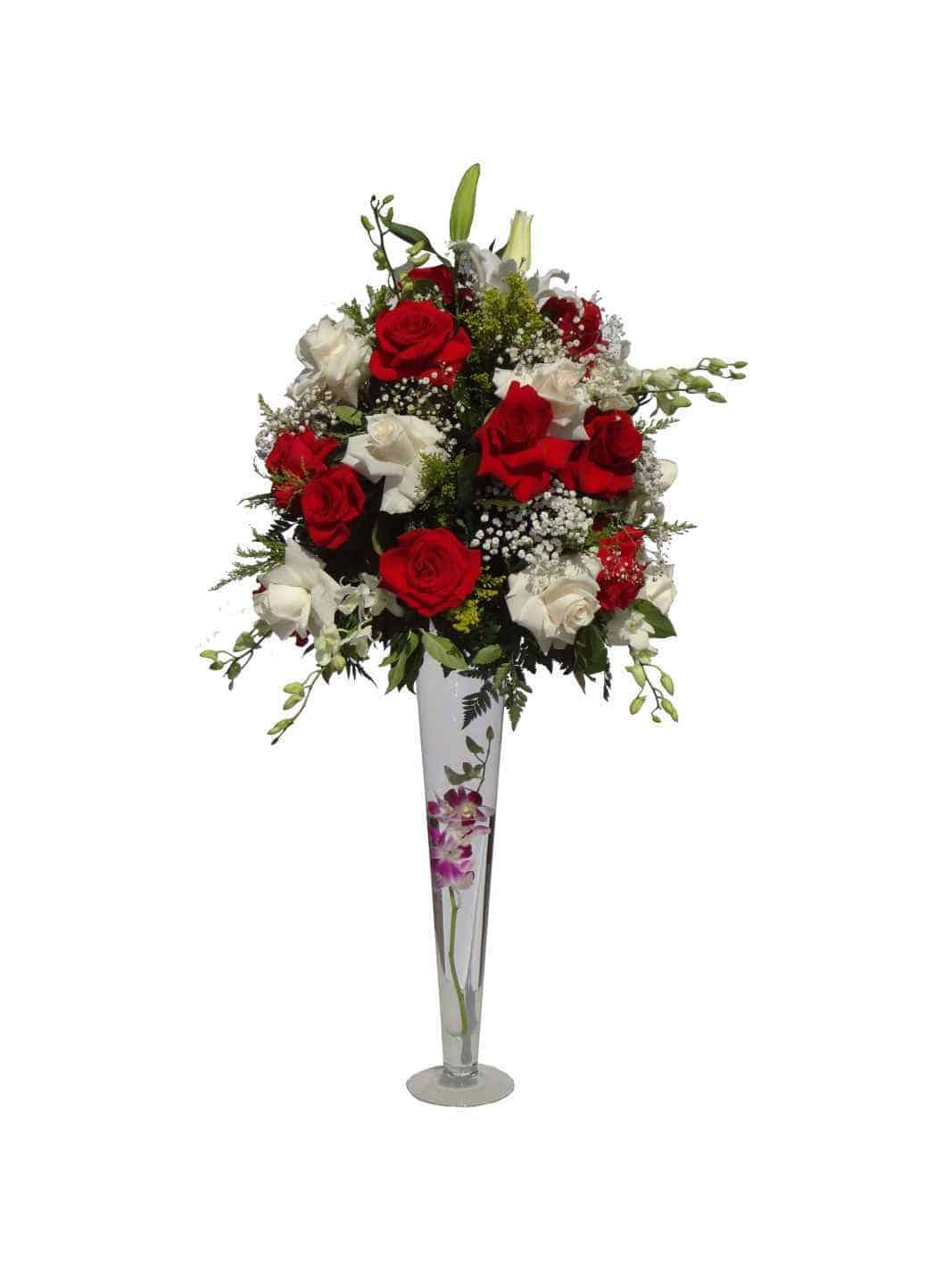 Long vessel bouquet with 30 Roses, 10 Orchids, 3 Lilies.