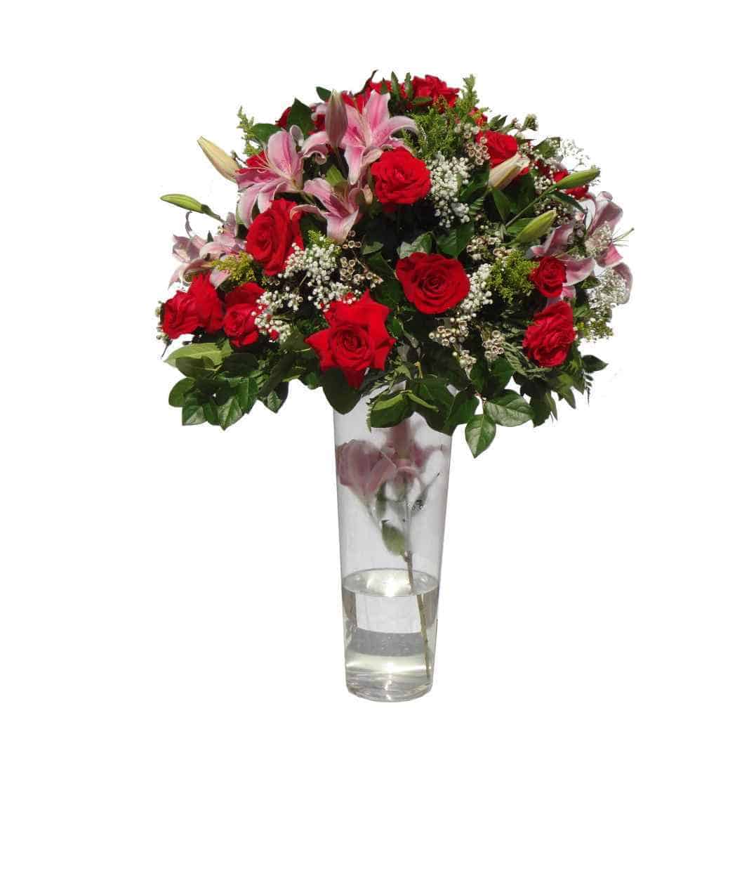Vase Bouquet with 48 Roses, 8 Lilies