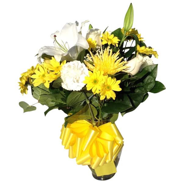 Flowers Vessels with 3 Roses, 4 Carnations, 2 Spiders, 7 Daisys, 1 Lily, Baby bread, Lemon Leaves