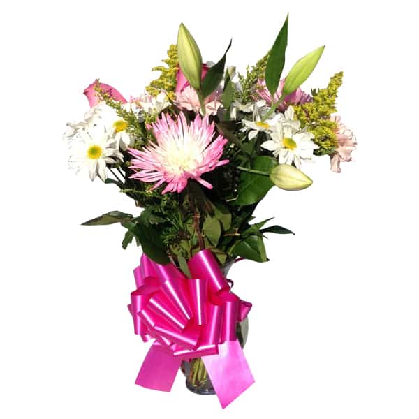 Flowers Vessels with 4 Roses, 4 Spiders, 4 Daisys, 1 Lily, Solidago, baby Bred, Lemon Leaves
