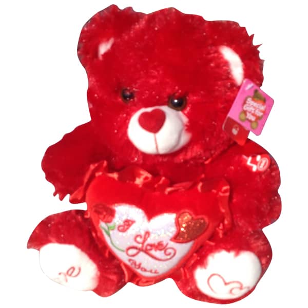 Red teddy bear with a heart that said Happy Birthday