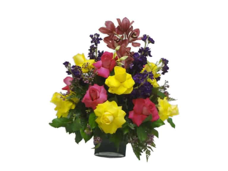 Vase Bouquet with 18 Roses, 1 Orchid, 6 Stalks