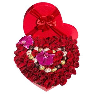 HEART OF 60 ROSES & CHOCOLATES & 2 ORCHIDS