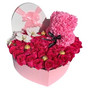 HEART OF 50 ROSES, CHOCOLATES, WITH LOVELY BEAR & 4 ORCHIDS