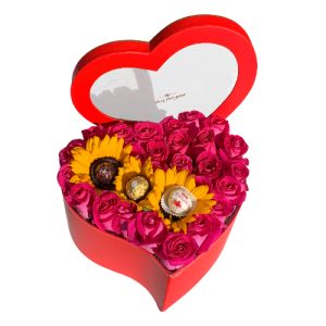 HEART OF 24 ROSES, WITH 3 SUNFLOWERS, AND CHOCOLATE