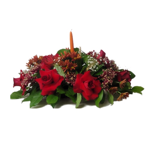 centerpiece with red roses and candle