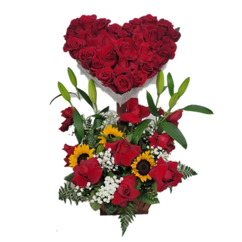 Heart of red roses with base with roses and sunflowers