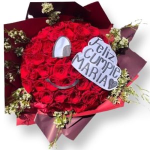 Red Roses bouquet with happy face and personalized message
